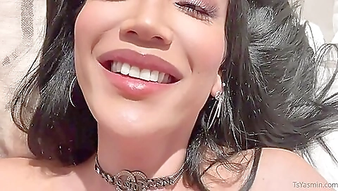 Bareback creampie and anal fuck of a brunette shemale