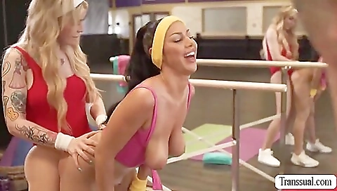 Busty brunette with big tits and a tattoo fucked in a threesome