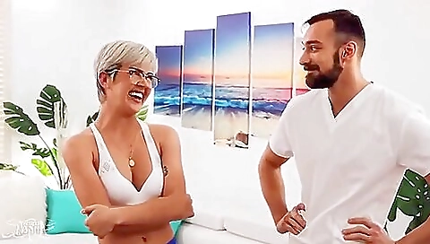 Busty blonde receives dildo in mouth and is fucked after a massage